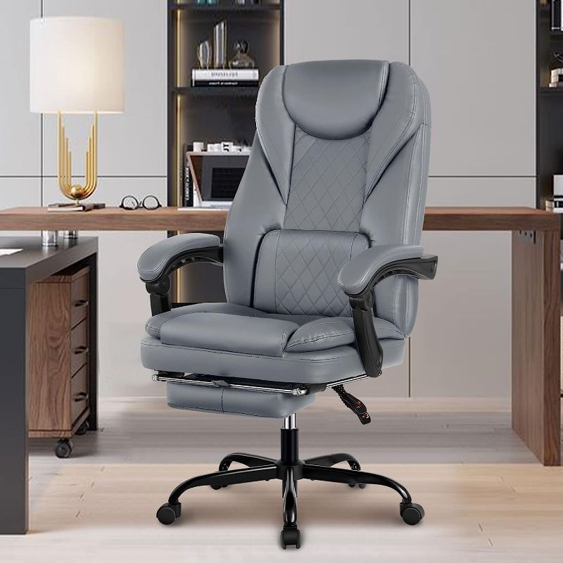 Photo 1 of Guessky Executive Office Chair, Big and Tall Office Chair with Foot Rest Reclining Leather Chair High Back Home Office Desk Chairs with Lumbar Support Ergonomic Office Chair with Padded Armrests(Gray)
