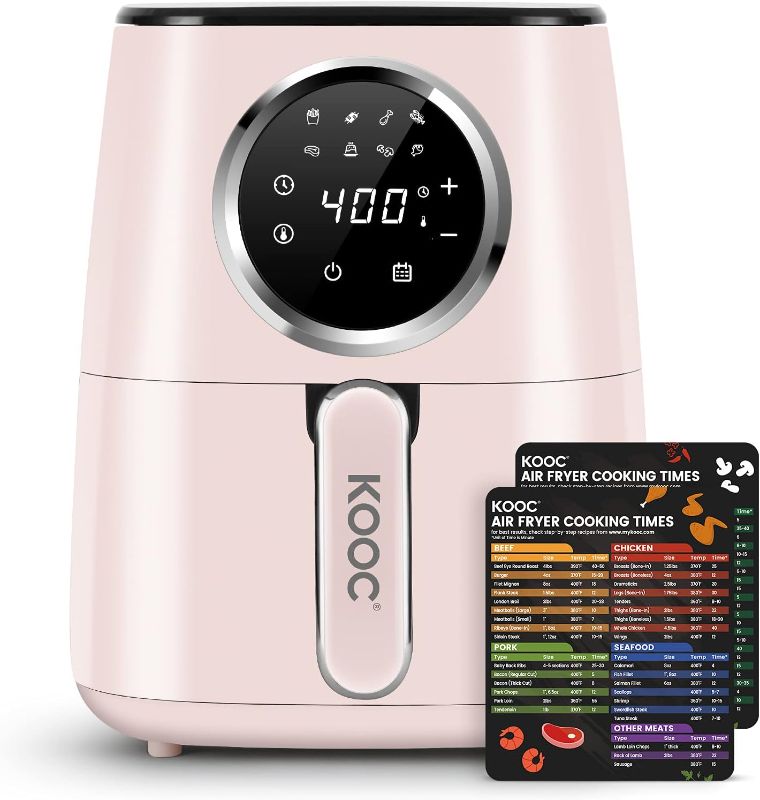 Photo 1 of  KOOC Large Air Fryer, 4.5-Quart Electric Hot Oven Cooker, Free Cheat Sheet for Quick Reference Guide, LED Touch Digital Screen, 8 in 1, Customized Temp/Time, Nonstick Basket, Pink
