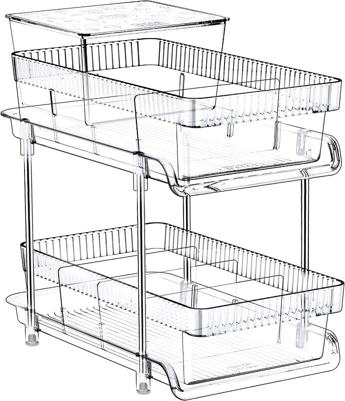 Photo 1 of 2 Tier Clear Pull Out Organizers and Storage - Snack Organization for Pantry w Lids/Dividers, Slide-Out Under Sink Organizer for Bathroom and Kitchen, Cabinet/Countertop Acrylic Drawers Medicine Bins
