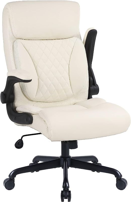 Photo 1 of Executive Office Chair, Ergonomic Home Office Desk Chairs, PU Leather Computer Chair with Lumbar Support, Flip-up Armrests and Adjustable Height, Youchauchair High Back Work Chair, Beige
