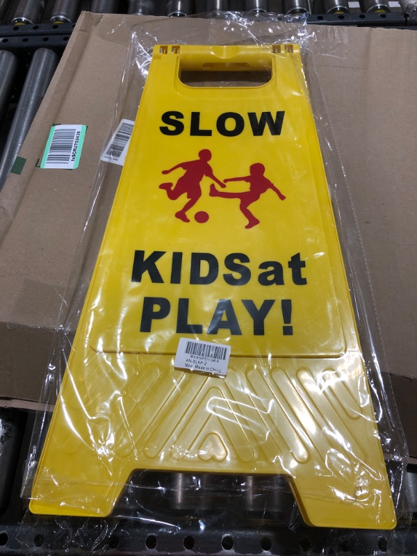 Photo 1 of Slow Kids at Play Sign, Children at Play Safety Sign, Text and Graphics Easier to Identify, Yellow Double Sided Signs for Schools, Street, Neighborhoods, Park, Day Cares, Sidewalk, Driveway