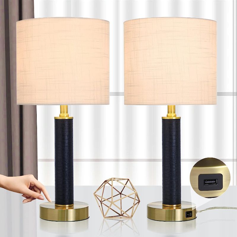 Photo 1 of 22" Touch Control Lamps Set of 2, Contemporary Black Touch Lamp for Living Room Set of 2, Faux Leather Bedside Table Lamps for Bedroom with USB Charging Port 