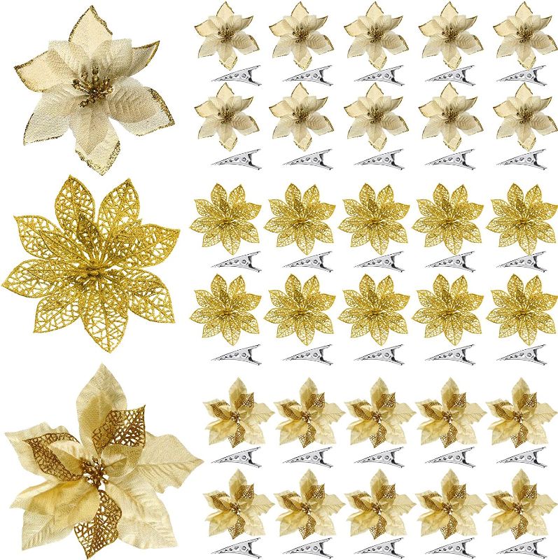 Photo 1 of 30 Pieces 3 Styles Christmas Glitter Poinsettia Flowers Picks with Clips Christmas Tree Ornaments Faux Poinsettia Christmas Decorations for Xmas Wreaths Decor, 5.5 Inch, 5.8 Inch, 8.7 Inch (Gold) 