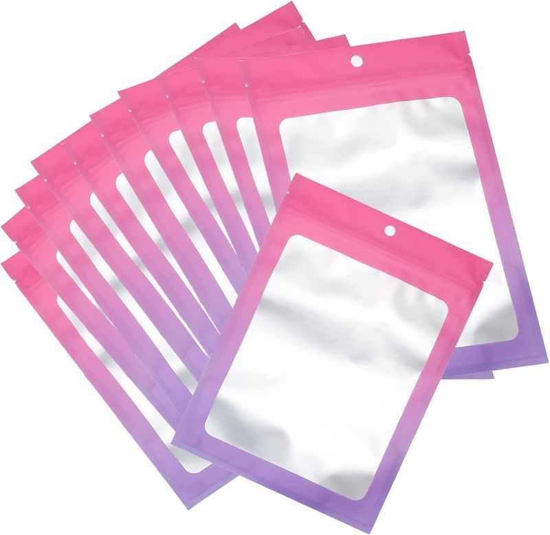 Photo 2 of 100 Pieces Smell Proof Bags Resealable Gradient Color Packaging Bags with Clear Window for Small Business for Candy, Cookie, Lip Gloss, Food Storage, Pink Purple, 3 X 5 Inch 