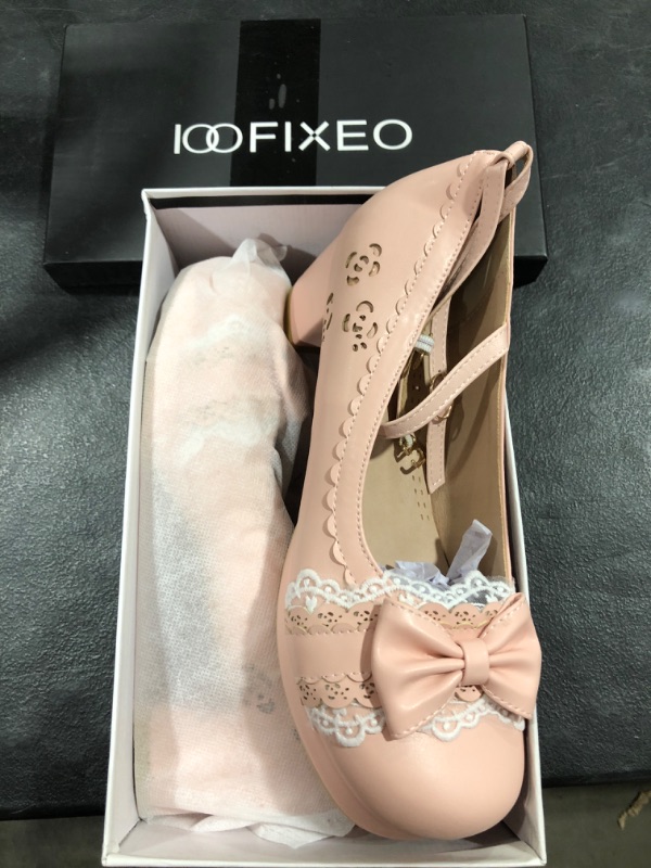 Photo 2 of 100FIXEO Womens Kawaii Bow Ankle Strap Shoes Comfort Strappy Chunky Block Heels Closed Toe Platform Mary Janes Pumps Stweet Lace-Up Ruffles Japanese Princess Dress Shoes 7.5 Pink
size 43