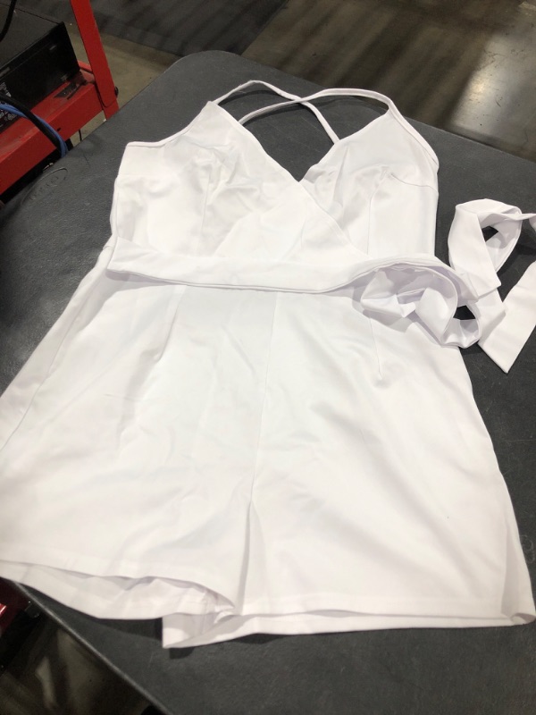 Photo 1 of Akmipoem Women's Spaghetti Strap Romper Wrap Front V Neck Solid Shorts Jumpsuit with Belt X-Large 1#white
