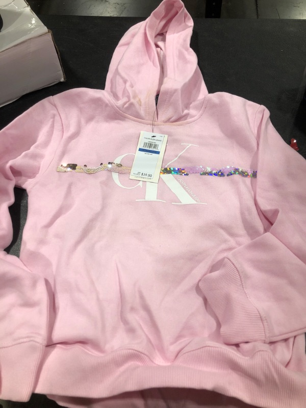 Photo 2 of Calvin Klein Girls' Fleece Pullover Hoodie Sweatshirt X-Large Pink Sequin Stripe "Dirty"