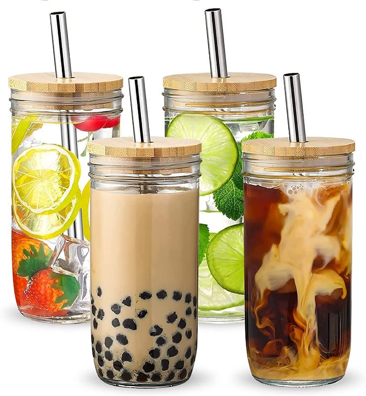 Photo 1 of [4 Pack] Glass Cups Set - 24 oz Wide Mouth Mason Jar Glass Cups with Bamboo Lids and Silver Straws,Reusable Boba Cup Bubble Tea Cups Glasses Tumbler for Iced Coffee,Smoothie,Large Pearl,Juice
