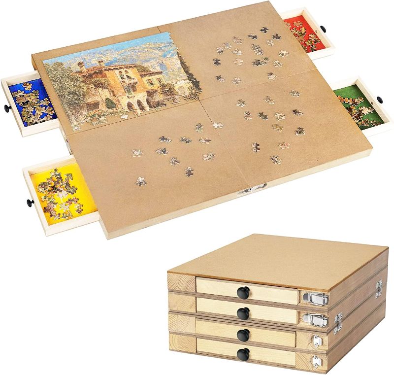 Photo 1 of Foldable 1000 Piece Wooden Jigsaw Puzzle Board | 30” X 24” Portable Puzzle Table | Patent Pending | 4 Colorful Trays for Sorting | Complete Puzzle Accessories for Adults and Kids
