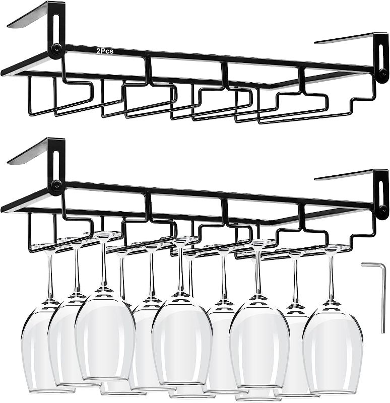 Photo 1 of 2Pcs Adjustable Wine Glass Rack Under Cabinet, Punch-Free 4 Rows Stemware Wine Glass Metal Holder, Hanging Wine Glasses Storage Hanger Organizer for Shelf Kitchen Bar Decor(4 Rows, Black) 