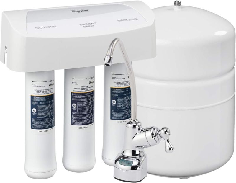Photo 1 of Whirlpool WHER25 Reverse Osmosis (RO) Filtration System With Chrome Faucet | Extra Long Life | Easy To Replace UltraEase Filter Cartridges, White

