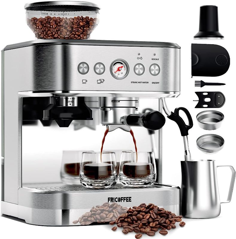 Photo 1 of (MISSING PARTS) Fricoffee Espresso Machine with Grinder Espresso Maker Stainless Steel with Milk Frother Cappuccino Machine Semi Automatic Espresso Machine
