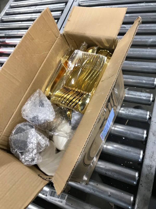 Photo 1 of 350 Piece MCIRCO Gold Dinnerware Set - 100 Gold Rim Plastic Plates - 50 Gold Plastic Silverware - 50 Gold Plastic Cups - 50 Linen Like Gold Paper Napkins, 50 Guest Disposable Gold Dinnerware Set