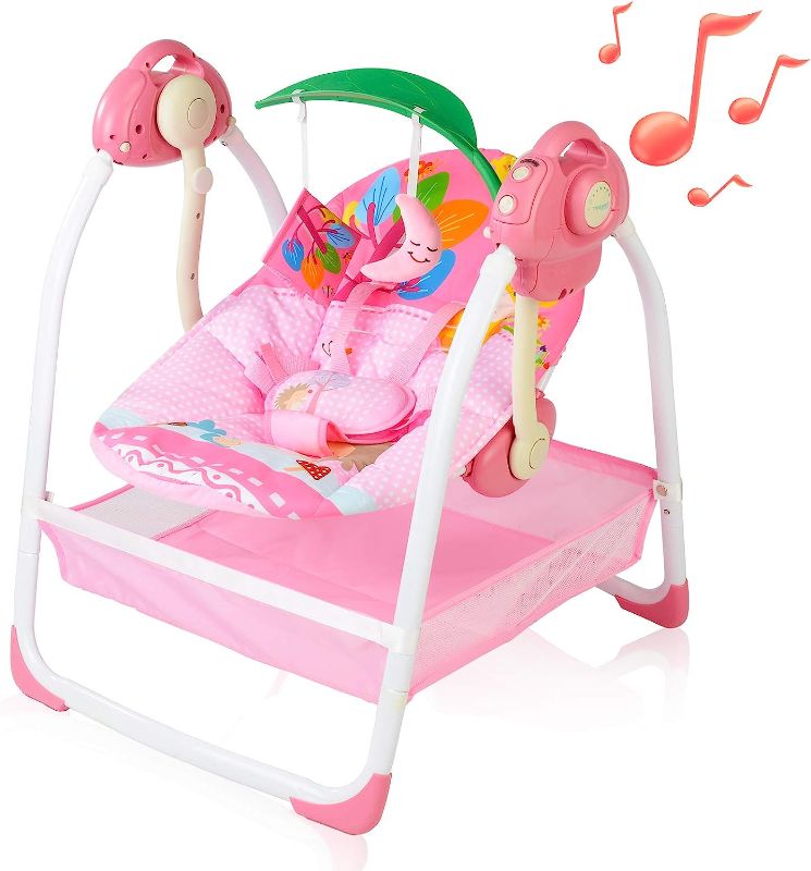 Photo 1 of Baby Swing for Newborn, Portable Baby Swing with 6 Motions, Infant Swings for Inside with Music,Sounds,Timing, Baby Rocker with 2 Toys, Plsuh Seat & Soft Head Support, Machine Washable Fabric (Pink)
