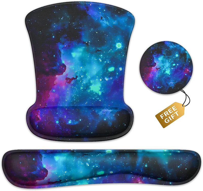 Photo 1 of Wrist Rest Support Ergonomic Gel Mouse Pad & Memory Foam Keyboard Set Non-Slip Rubber PU Base Easy Typing and Relieve Wrist Pain Mouse Mat for Computer Office - Nebula Galaxy 