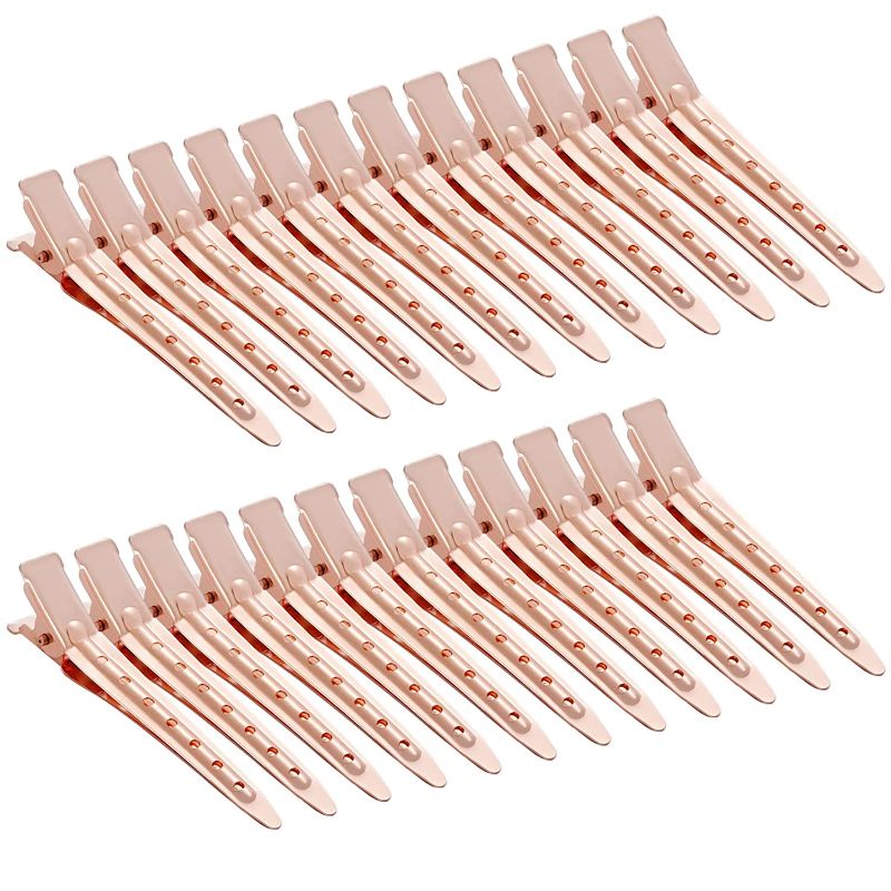 Photo 1 of 24 Packs Duck Bill Clips, Bantoye 2.75 Inches Rustproof Metal Alligator Curl Clips with Holes for Hair Styling, Hair Coloring, Rose Gold---missing a few