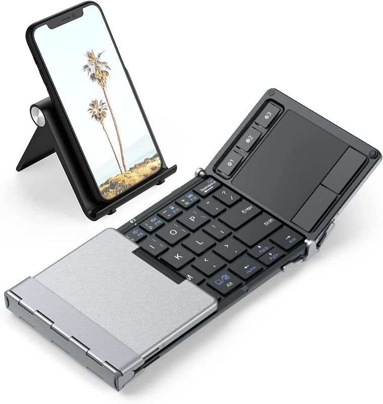 Photo 1 of iClever Foldable Keyboard, BK08 Bluetooth Keyboard with Sensitive Touchpad (Sync Up to 3 Devices), Pocket-Sized Tri-Folded Portable Keyboard for iPad Mac iPhone Android Windows iOS, Silver
