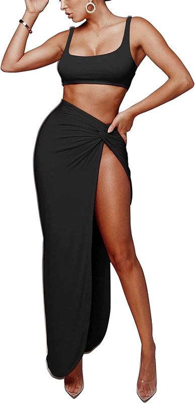 Photo 1 of  Women's 2 Piece Dress Outfit Sleeveless Tank Crop Bodycon High Slit Maxi Long Skirt Set-=-MED