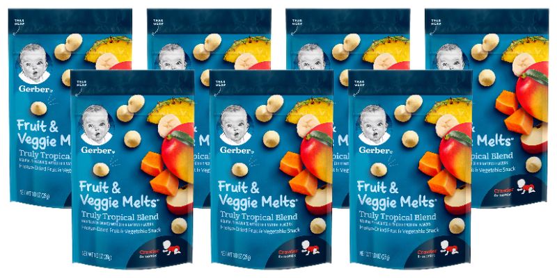 Photo 1 of (Pack of 7) Gerber Fruit & Veggie Melts Freeze-Dried Fruit and Vegetable Snacks, Truly Tropical Blend, Naturally Flavored with Other Natural Flavors, 1 oz.
