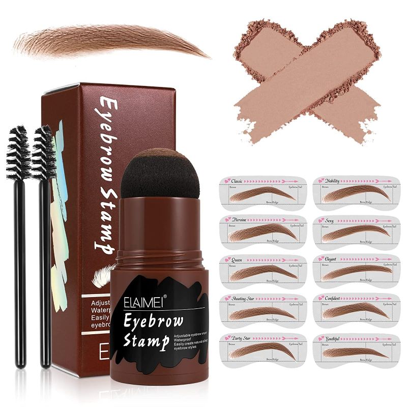 Photo 1 of Eyebrow Stamp Stencil Kit, Professional Waterproof Adjustable Long Lasting Buildable Eyebrow Powder Stamp Makeup Tools with 10 Styles Reusable Eyebrow Stencils, 2 Eyebrow Pen Brushes(Medium Brown) 