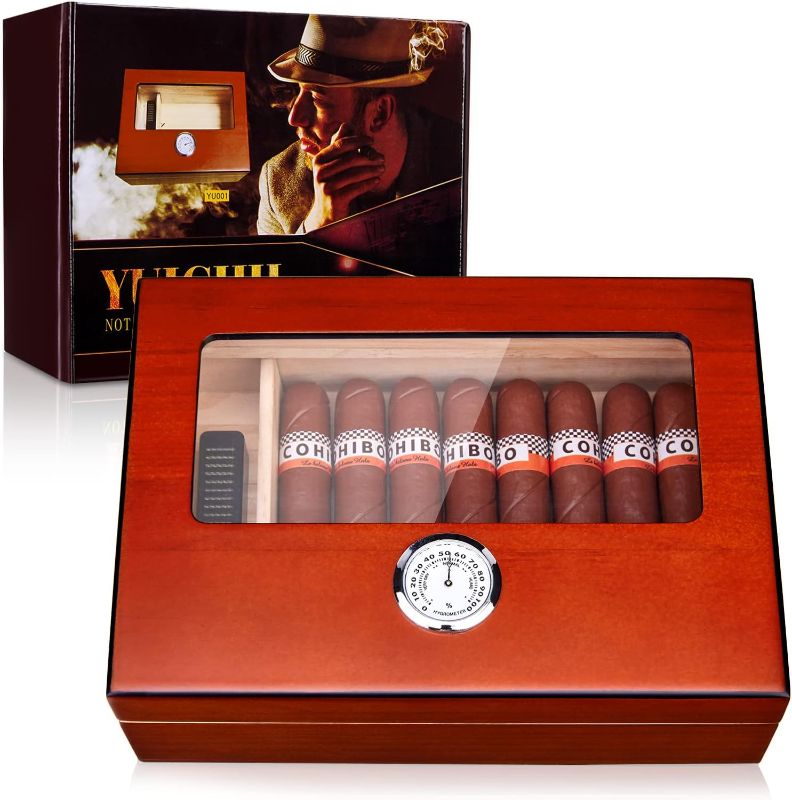 Photo 1 of YUICHH Cigar Humidors Humidor Cigar Box, Cigar Humidor Glass Top Humidor with Hygrometer Humidifier and Divider, Cigar Box Humidifier Holds 25-30 Cigars Cedar Wood Desktop Humidor Cigar Accessories 