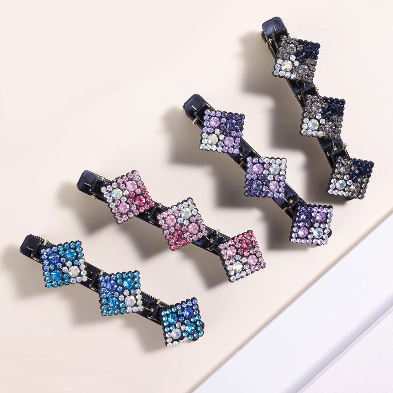 Photo 1 of Braided Hair Clips with Square Sparkling Crystal Stone 4 PCS for Girls and Women Hair Styling Rhinestones Triple Duckbill Barrettes for Thick Hair 