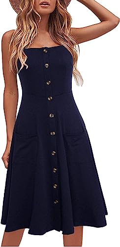 Photo 1 of [Size XL] Berydress Women's Summer Casual Beach Dresses Flattering A-line Spaghetti Strap Button Down Black Midi Dresses with Pockets 