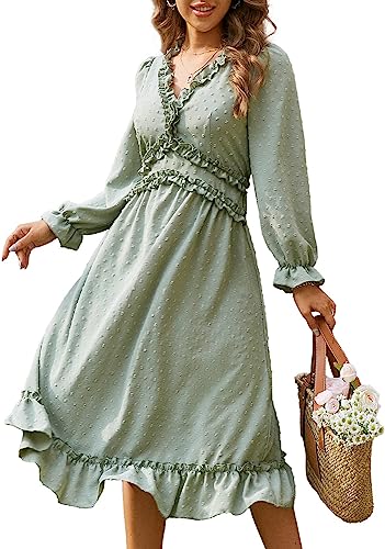 Photo 1 of [Size L] BLUE-  Simplee Women's V Neck Ruffles Floral Printed Long Sleeve Dress High Elastic Waist Flowing Midi Dresses