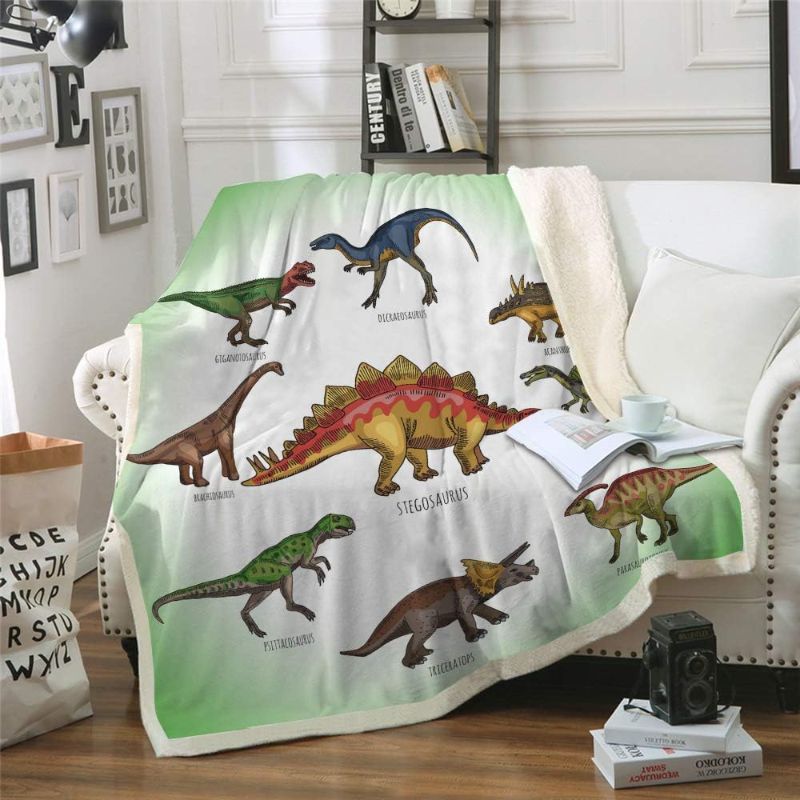 Photo 1 of Dinosaur Blanket Throw Soft Warm Jurassic Dinosaur Pattern Printed Sherpa Blanket for Boys Plush Cartoon Solid Fleece Throw Blanket for Bed Couch (50" x 60") 