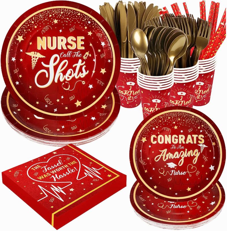 Photo 1 of 2023 Nurse Graduation Plates and Napkins Set Party Supplies Decorations, 192 Pcs Disposable Congrats Grad Paper Tableware Serves 24, Include Plates, Napkins, Cup, Knives, Forks, Spoons, and Straws 
