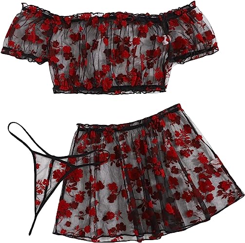 Photo 1 of COZYEASE Women's 3 Pack Plus Size Floral Print Sheer Mesh Lingerie Set and Short Skirt Sexy Top and Skirts Outfits 