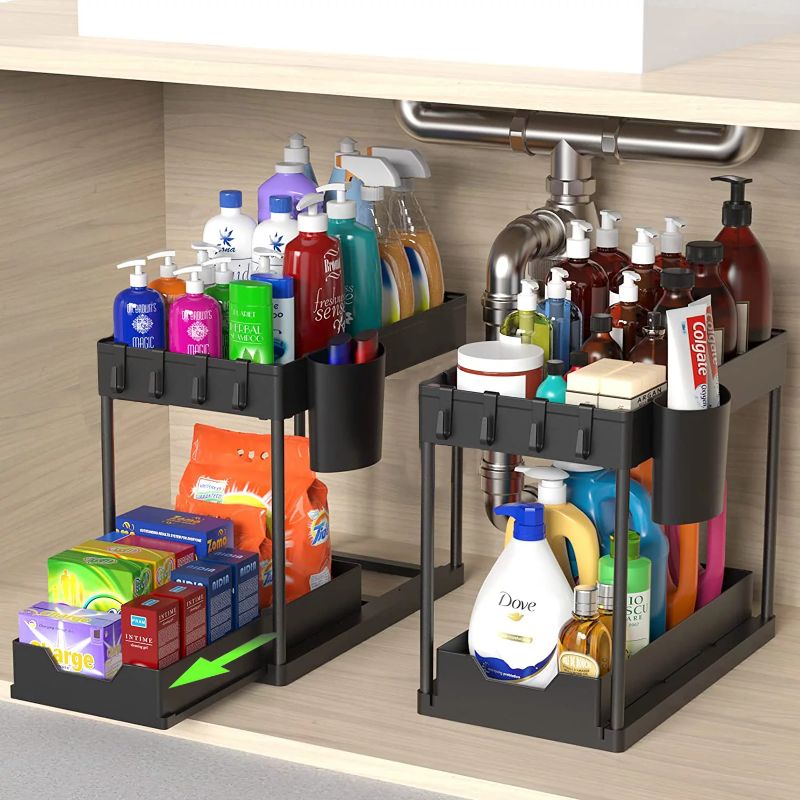 Photo 1 of 2-Pack Under Sink Organizer, 2 Tier Multi-Purpose Large Capacity Kitchen Under Sink Organizers And Storage Easy Access Sliding Storage Drawer With Hooks And Hanging Cup For Bathroom Under Sink
