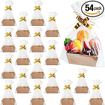 Photo 1 of 54 Pcs Gift Basket Set Includes 18 DIY Empty Gift Basket 9.8 x 8.5 x 3.5 Inches Food Storage Basket with Handles, 18 Bags and 18 Bows for Holiday, Wedding, Birthday Party Gift Wrapping (Kraft)