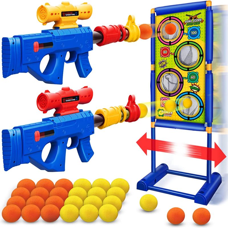 Photo 1 of Cusocue Gun Toy for 5 6 7 8 9 10 11 12 Years Old Boys Girls, Kid Cool Toys Guns Carnival Games with Moving Shooting Target, 2 Blaster Guns, 24 Foam Balls, Indoor Outdoor Toys for Kids, Birthday Gifts
