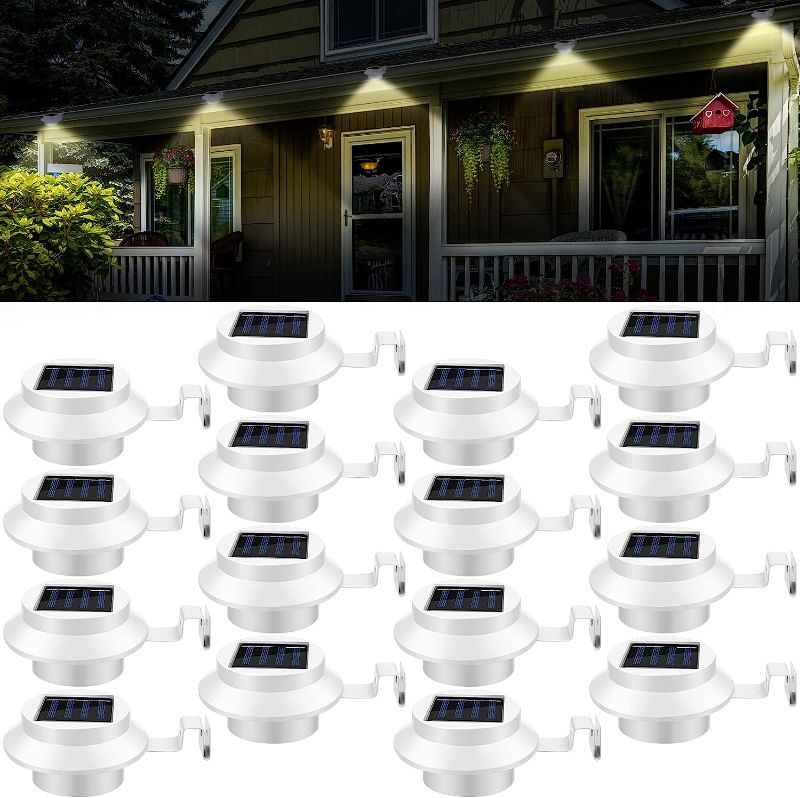 Photo 1 of 16 Pcs Solar Powered LED Gutter Lights 3 LED Deck Gutter Solar Lights Outdoor Waterproof LED Garden Yard Wall Lamp with Bracket for Fence Wall Stair Step Landscape Pathway, White Light and Warm Light
