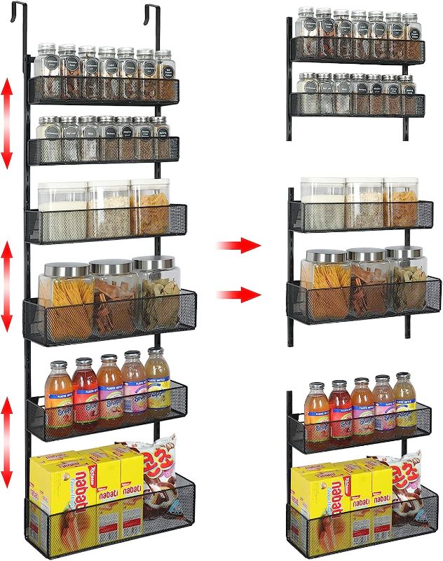 Photo 1 of 
Over The Door Pantry Organizer 6-Tier Adjustable Tiers Hanging & Wall Mount Spice Rack,Metal Tube Behind The Door Storage Shelf,6 Adjustable Baskets with 4 Sizes & Small Mesh for Kitchen,Bathroom
