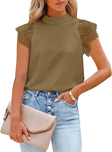 Photo 1 of Berryou Women Tops Short Sleeve Lace Satin Mock Neck Blouse Dressy Workwear Elegant Shirts M