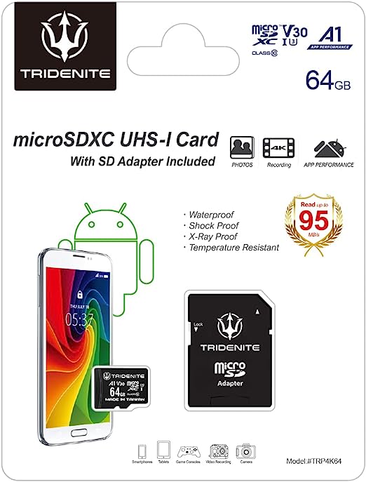 Photo 1 of TRIDENITE 64GB Micro SD Card, MicroSDXC Memory for Nintendo-Switch, GoPro, Drone, Smartphone, Tablet, 4K Ultra HD, A1 UHS-I U3 V30 C10, Up to 95MB/s Read, with SD Adapter
