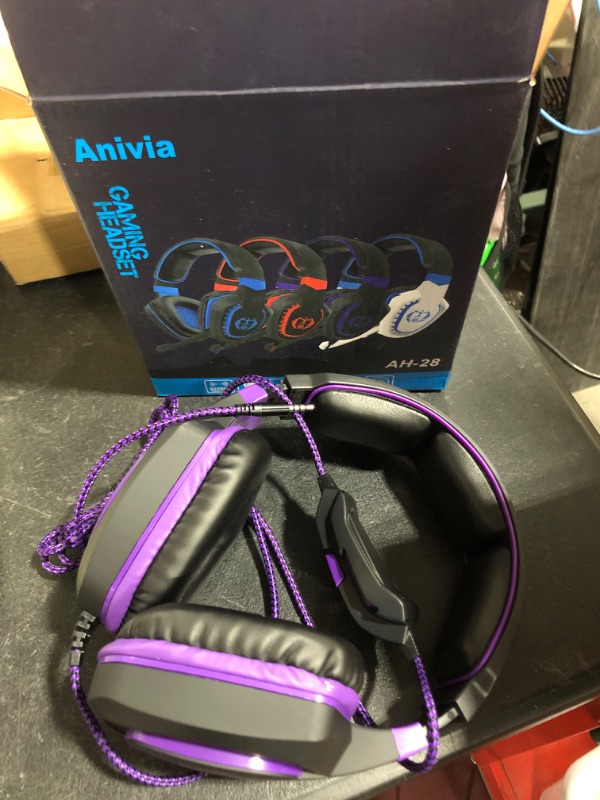 Photo 2 of Anivia Computer Over Ear Headphones Wired with Mic Stereo Gaming Headset Noise Isolating Headsets with Volume Control, Bass Surround, Soft Memory Earmuffs for Multi-Platform -AH28plus Black Purple Black, Purple