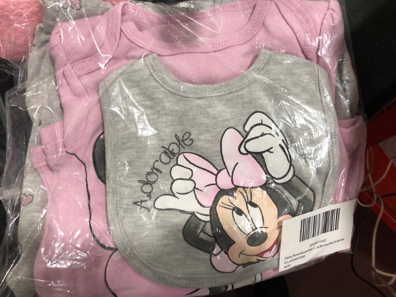 Photo 2 of Disney Minnie Mouse Baby Girls Bodysuit Pants Bib and Hat 4 Piece Outfit Set Newborn to Infant 24 Months Grey/Pink