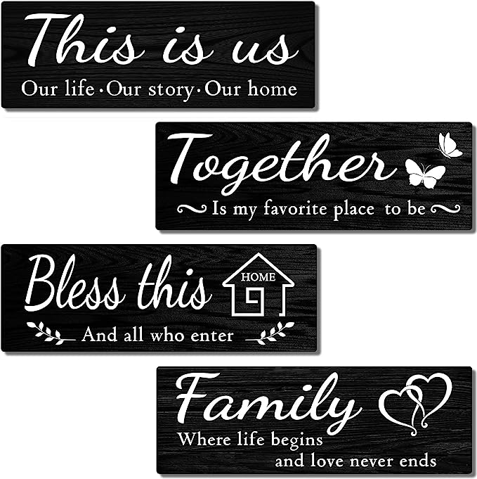 Photo 1 of JOAFIH 4 Pieces Home Wall Decor Signs,Rustic Wooden Living Room Hanging Decorations with Quotes THIS IS US/TOGETHER/BLESS THIS/FAMILY, Home Gifts for Wedding Kitchen (Black, 15.75 x 6 Inch)