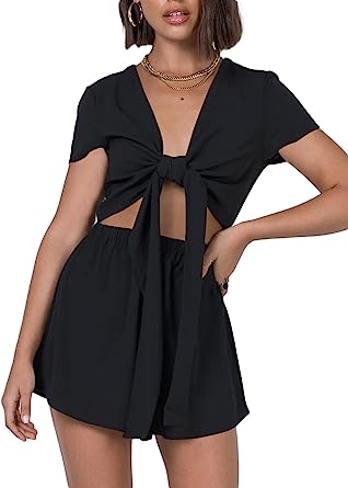 Photo 1 of DAOMUMEN Women's Sexy V Neck Tie Front Cut Out Romper Summer Short Sleeve High Waist Jumpsuit
LARGE 