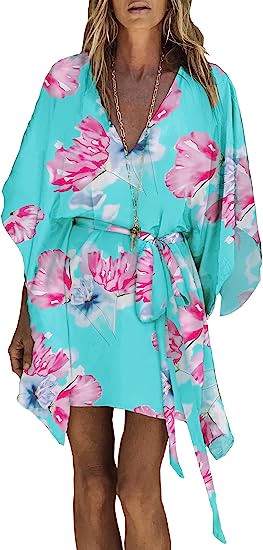 Photo 1 of AGFEE Womens Kaftan Dresses V-Neck Floral Kimono Tie Wiast Mini Beach Dress XLARGE
