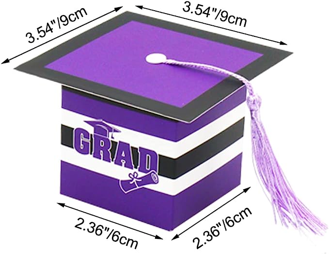 Photo 1 of Nuanchu Graduation Cap Gift Box Graduation Party Favors 2023 Graduation Candy Box Treat Box with Gold Tassel Graduation Centerpieces for 2023 Graduation Gifts Party Favors (Purple, 50 Pieces)