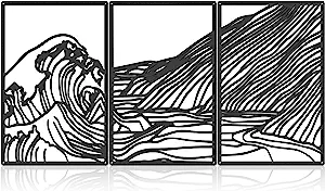 Photo 1 of 3 Pcs Metal Minimalist Wall Decor Mountain Sea Waves Scene Modern Wall Art Decor Abstract Line Drawing Rustic Hanging Art Print Decor for Home Bathroom Living Room, Black 16.9 x 12 Inches