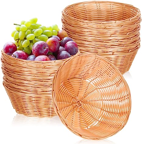 Photo 1 of 12 Pcs Woven Bread Baskets Bulk 7 Inch Plastic Round Basket Woven Small Baskets for Gifts Empty Bread Serving Baskets for Food Fruit Easter Kitchen Restaurant Centerpiece Display Christmas Vegetables 