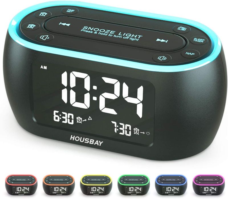 Photo 1 of HOUSBAY Glow Small Alarm Clock Radio for Bedrooms with 7 Color Night Light, Dual Alarm, Dimmer, USB Charger, Battery Backup, Nap Timer, FM Radio with Auto-Off Timer for Bedside
