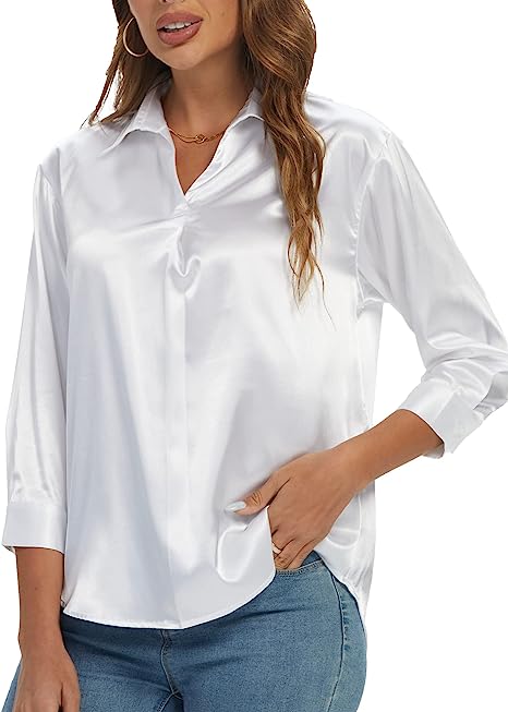 Photo 1 of Aeuui Womens Tops Dressy Casual V-Neck 3/4 Sleeve Shirts Business Casual Outfits for Women Satin Blouse Tunic Tops - XL 
