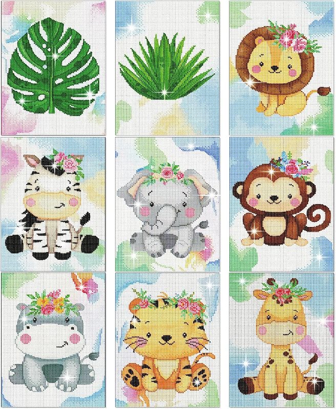 Photo 1 of 9 Pcs 5D DIY Diamond Painting Kits for Kids Adult Diamond Art Painting Kits Full Drill Diamond Art Kits Cute Animals Leaf Diamond Art Painting for Beginner Home Wall Decor 9.8 x 13.7 Inch, 9 Style
