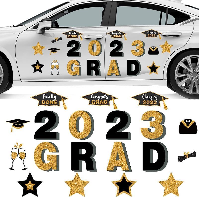 Photo 1 of 19 Pieces Graduation Car Magnets Set 2023 Graduation Car Decorations Black and Gold Magnetic Refrigerator Magnet Graduation Party Decoration Waterproof Stickers for Door Garage Fridge 
